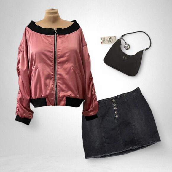 HAYDEN Off Shoulder Rouched Sleeve Pink Satin Jacket NWT, Size XL - Picture 1 of 8